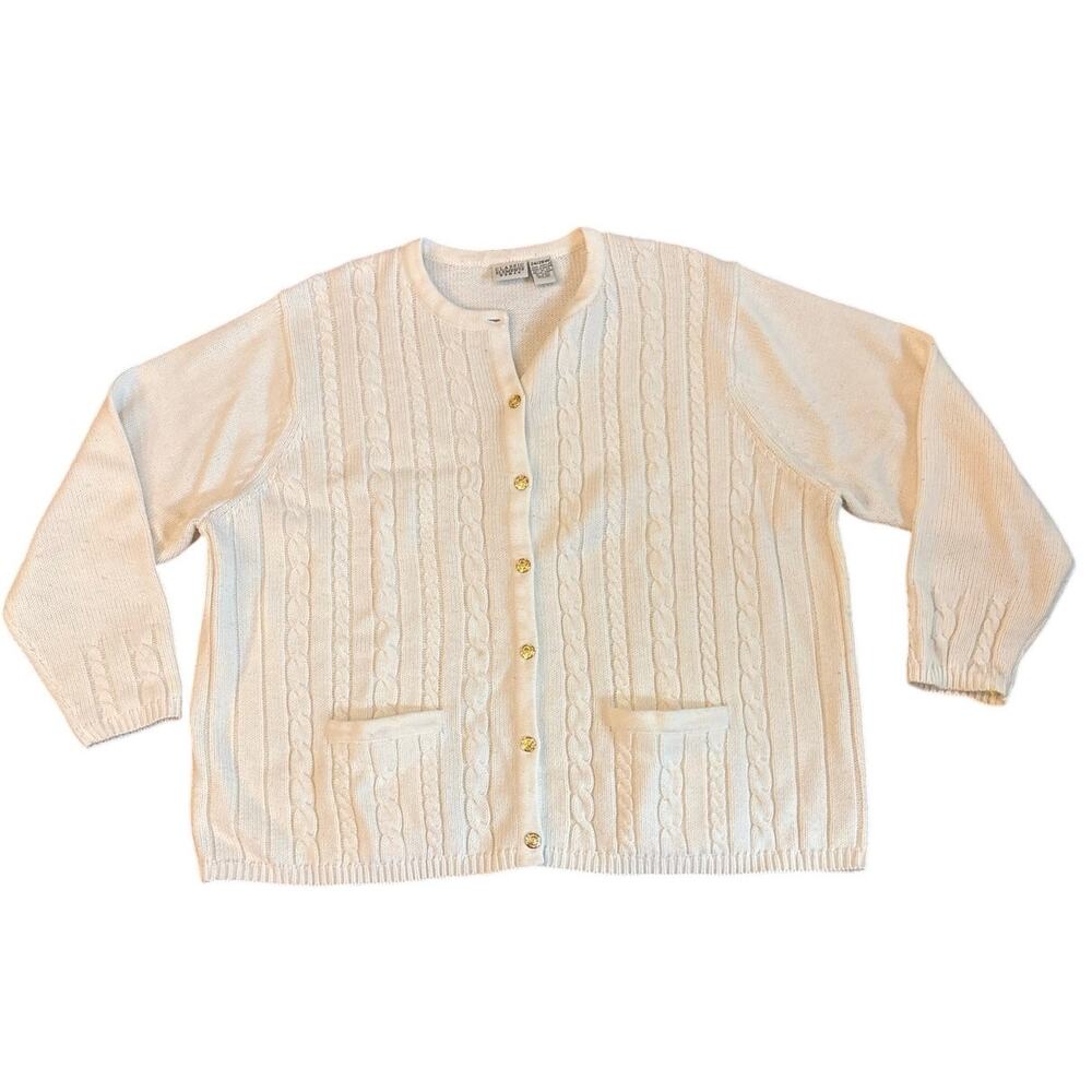 Classic Elements Woman 24/26W Cable Knit Cardigan Sweater Ivory Gold Buttons EUC